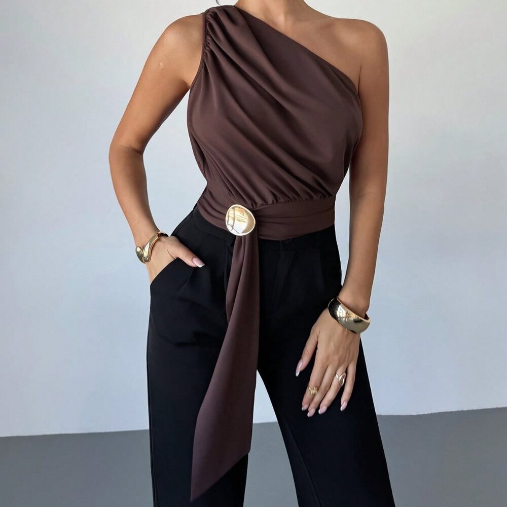 Coffee Brown Elegant Women's Romantic Urban Chic Blouse - Picture 5 of 6
